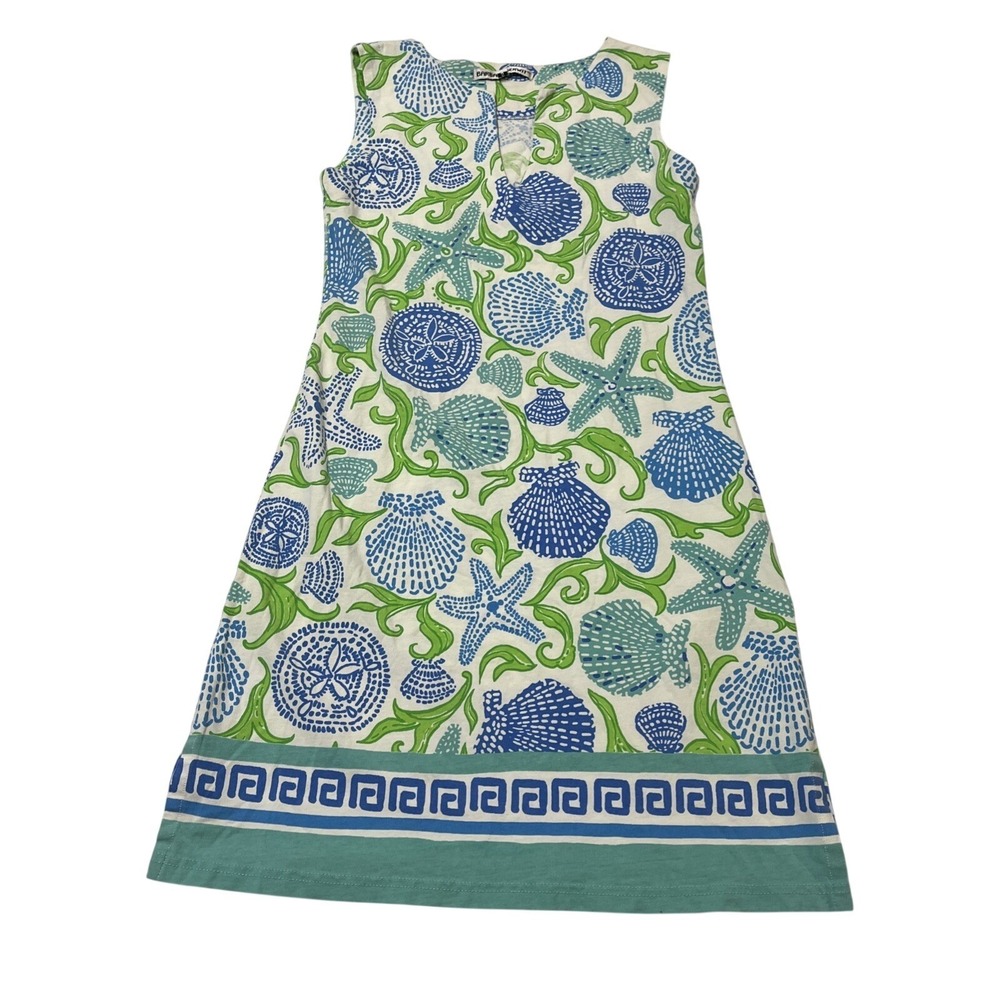Barbara Gerwit Dress Green Blue Sea Shell Ocean Print Mini Size S Vacation Beach
